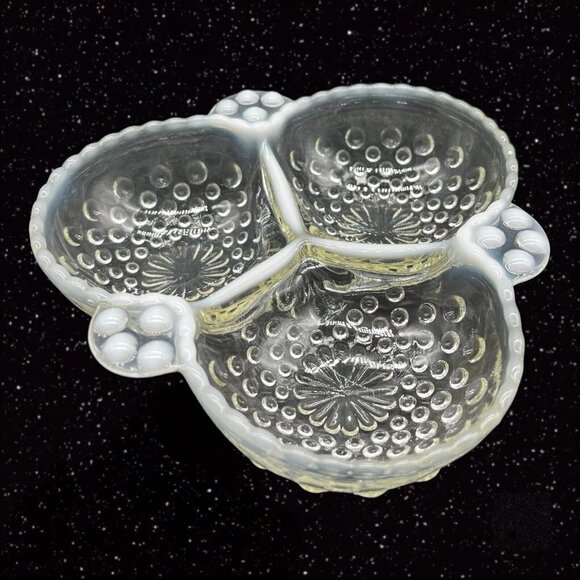 Anchor Hocking Opalescent Moonstone Relish Candy Dish Divided Bowl 1.5”T 6.5”W - Picture 9 of 12
